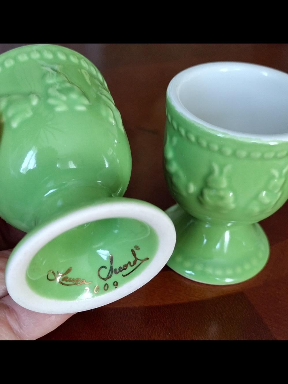 2 Green Ceramic Egg Cups - Laura Secord  2009 Easter Decor
